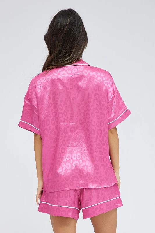 Pink Pyjama Set Leopard Jacquard Satin Piping PJ