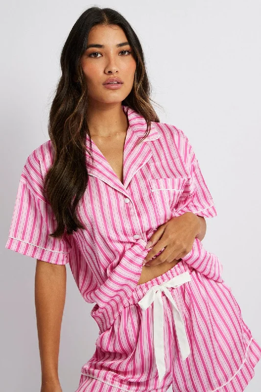 Pink Stripe Pyjama Set Multi Stripe Satin Piping PJ