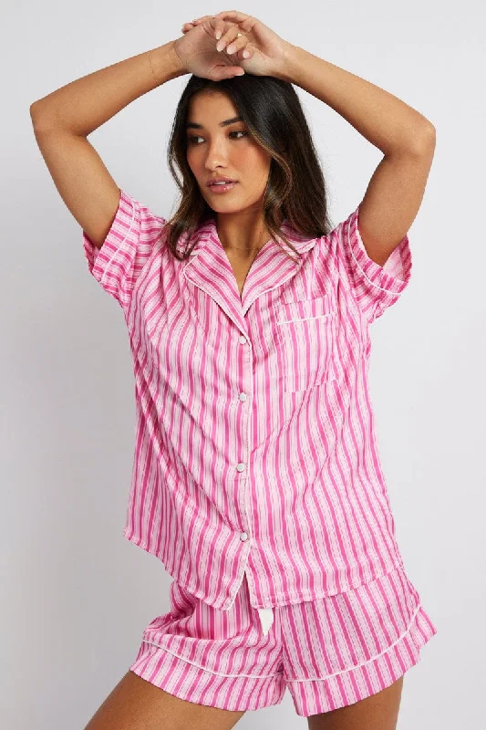 Pink Stripe Pyjama Set Multi Stripe Satin Piping PJ