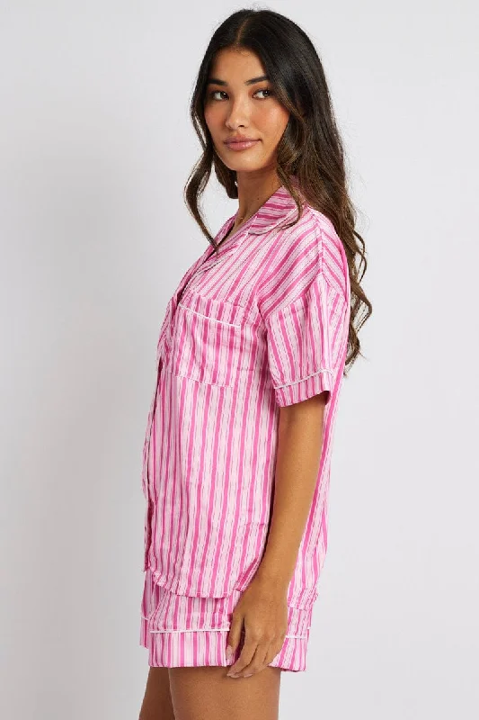 Pink Stripe Pyjama Set Multi Stripe Satin Piping PJ