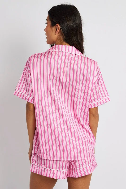 Pink Stripe Pyjama Set Multi Stripe Satin Piping PJ