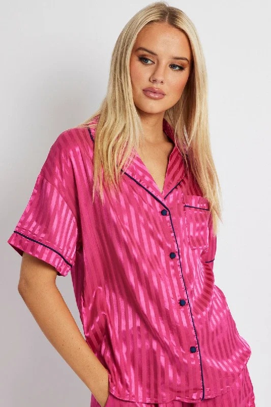 Pink Stripe Pyjama Set Stripe Satin Jacquard Navy Piping PJ