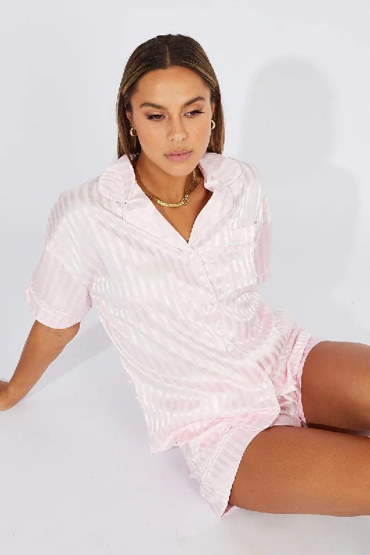 Pink Stripe Satin Pajamas Set Short Sleeve