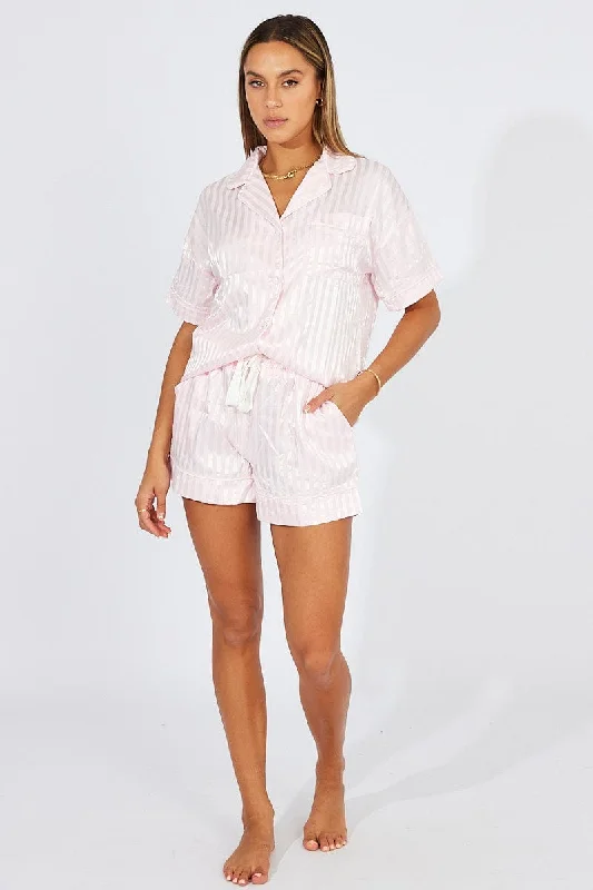 Pink Stripe Satin Pajamas Set Short Sleeve