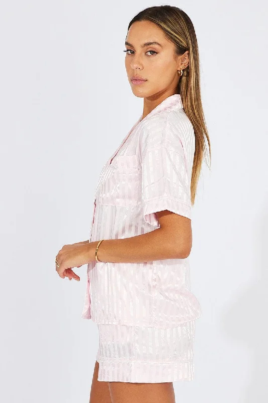 Pink Stripe Satin Pajamas Set Short Sleeve