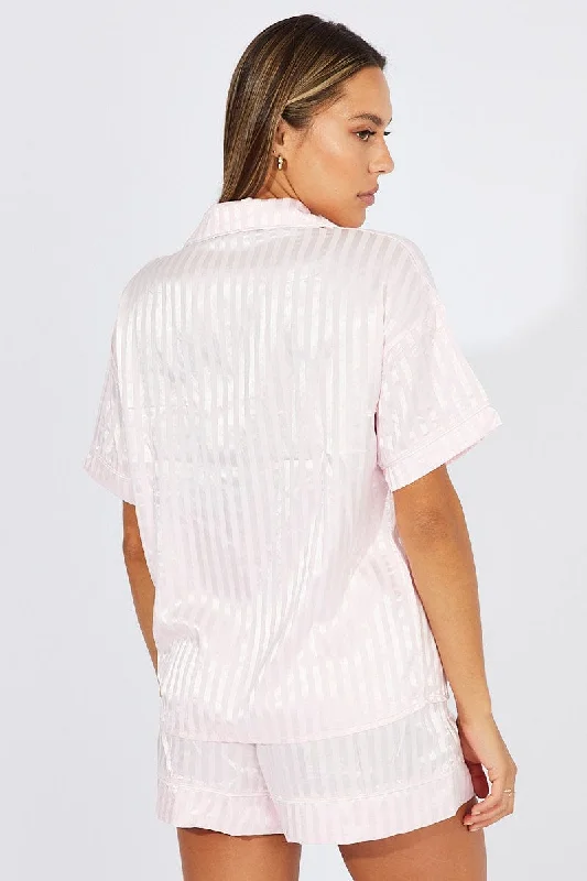 Pink Stripe Satin Pajamas Set Short Sleeve