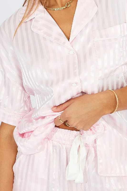 Pink Stripe Satin Pajamas Set Short Sleeve