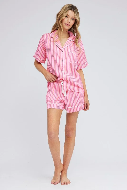 Pink Stripe Stripe PJ Satin Contrast Piping Pyjama Set