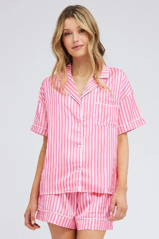 Pink Stripe Stripe PJ Satin Contrast Piping Pyjama Set