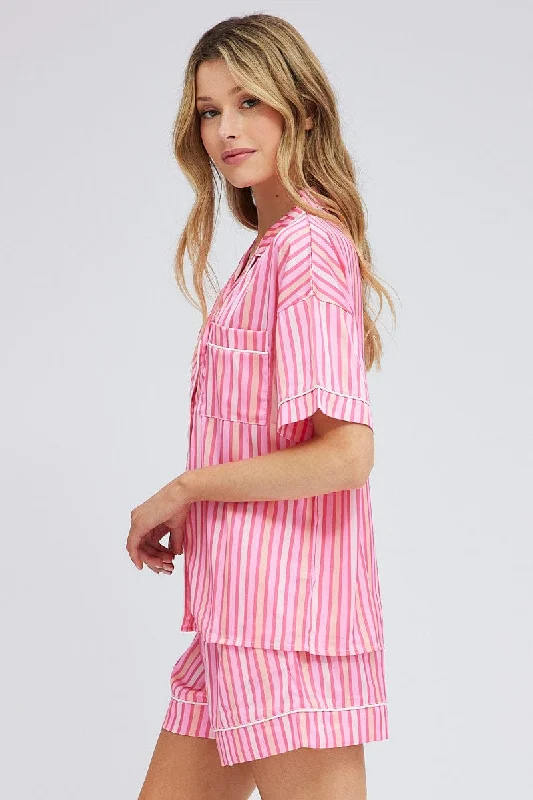 Pink Stripe Stripe PJ Satin Contrast Piping Pyjama Set