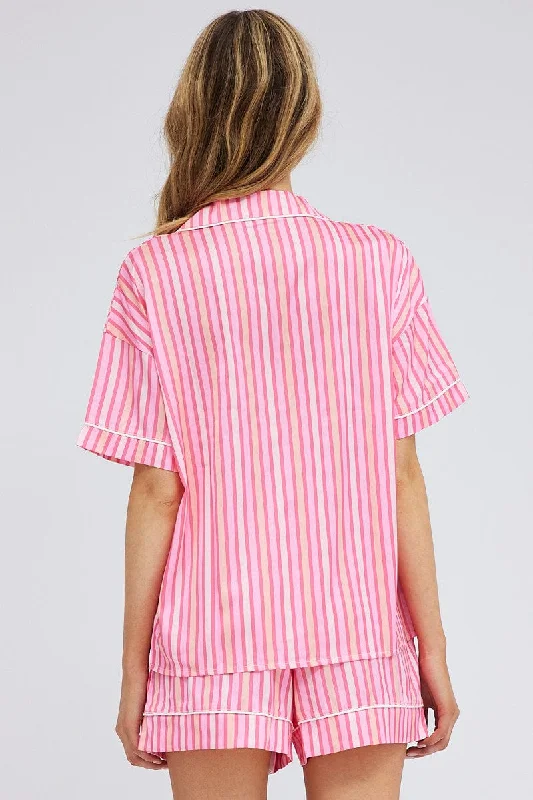 Pink Stripe Stripe PJ Satin Contrast Piping Pyjama Set