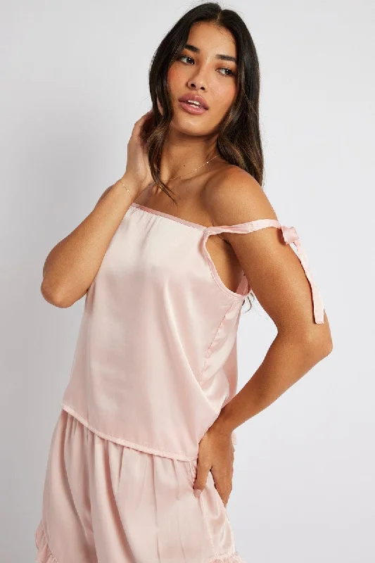 Pink Tie Shoulder PJ Ruffle Frill Pyjama Set