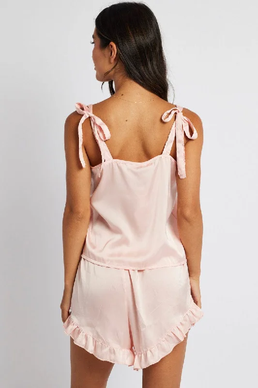 Pink Tie Shoulder PJ Ruffle Frill Pyjama Set