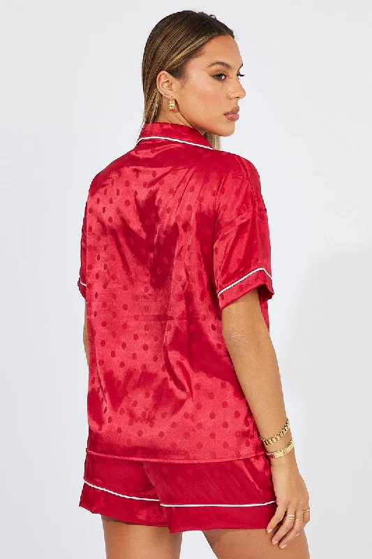 Red Polka Dot Satin Pajamas Set Short Sleeve