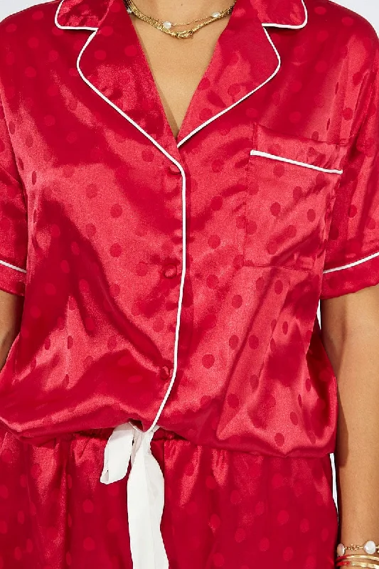 Red Polka Dot Satin Pajamas Set Short Sleeve