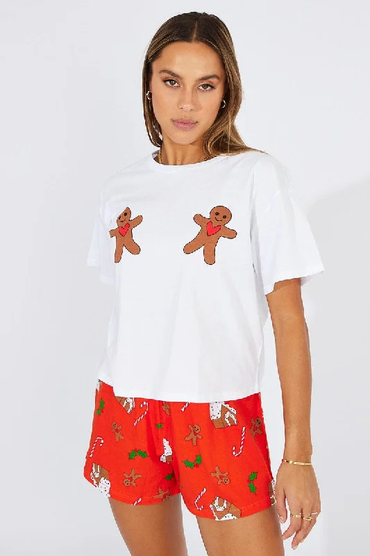 Red Print Graphic Pyjama Set Christmas Novelty Jersey PJ