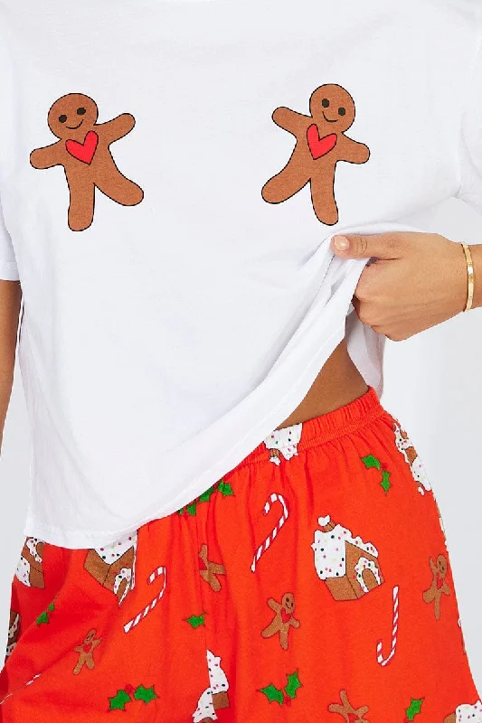 Red Print Graphic Pyjama Set Christmas Novelty Jersey PJ