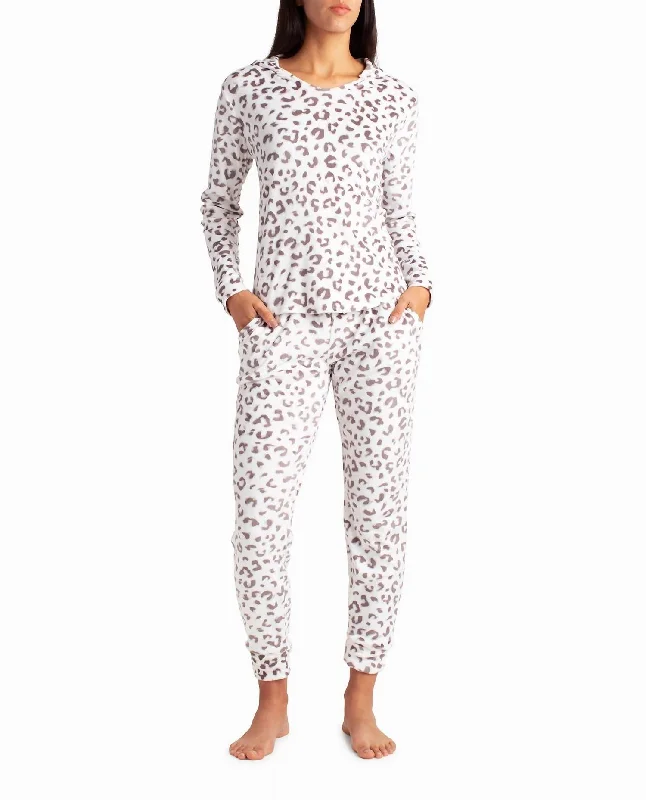 Velvet Fleece Open Neck Hoodie And Jogger Sleepwear Set In White Snow Drop