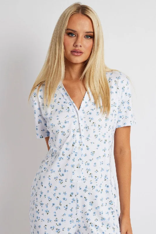 White Floral Ditsy Rib Romper Button Nightwear Onesie