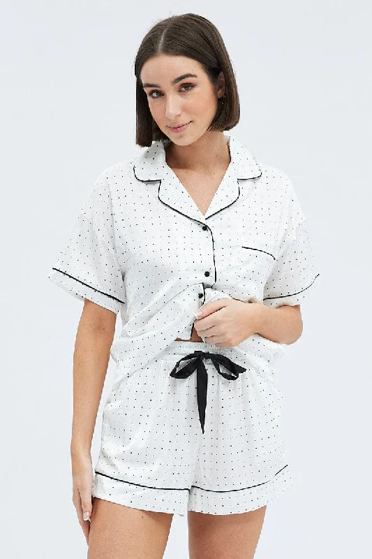 White Polka Dot Polka Pj Contrast Piping Satin Pyjama Set