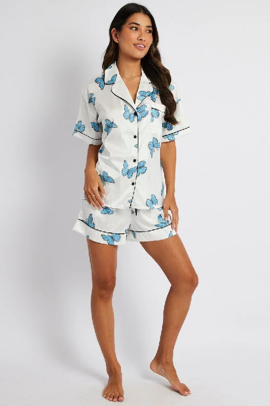 White Print Butterfly Pyjama Set Short Sleeve Piping Satin PJ