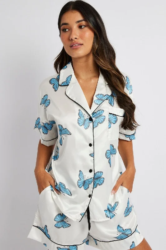 White Print Butterfly Pyjama Set Short Sleeve Piping Satin PJ