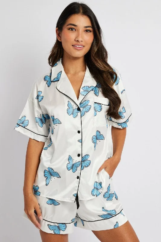 White Print Butterfly Pyjama Set Short Sleeve Piping Satin PJ