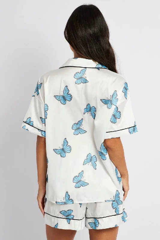 White Print Butterfly Pyjama Set Short Sleeve Piping Satin PJ