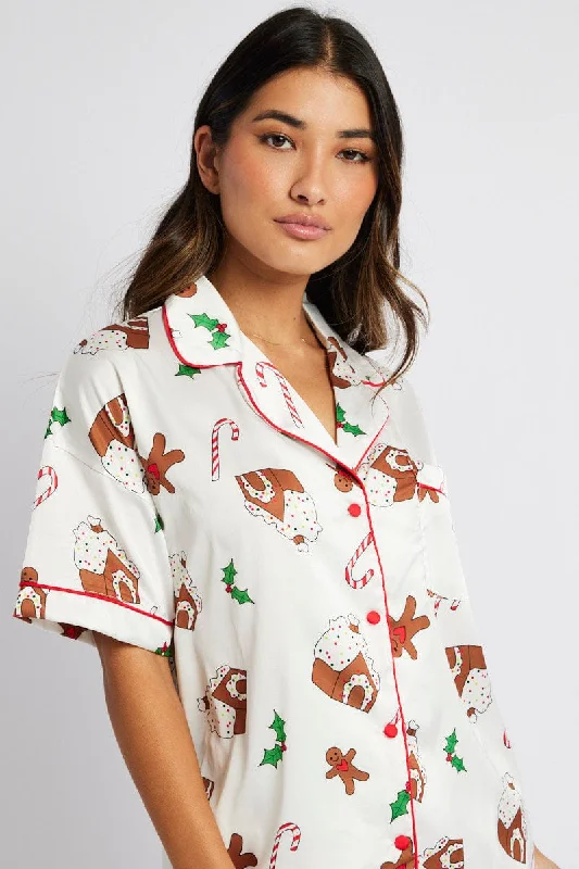 White Print Christmas Pyjama Set Gingerbread Piping Satin PJ