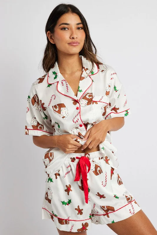 White Print Christmas Pyjama Set Gingerbread Piping Satin PJ