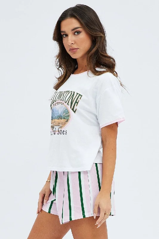 White Print Graphic PJ Pink Stripe Jersey Pyjama Set