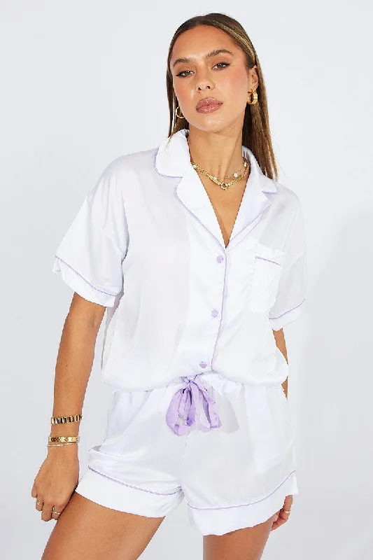 White Pyjama Set Satin Short Sleeve Contrast Piping PJ