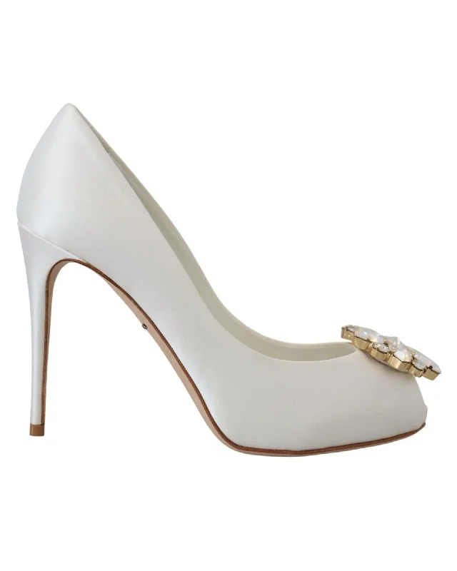 Dolce & Gabbana Crystal Peep Toe Satin Pumps