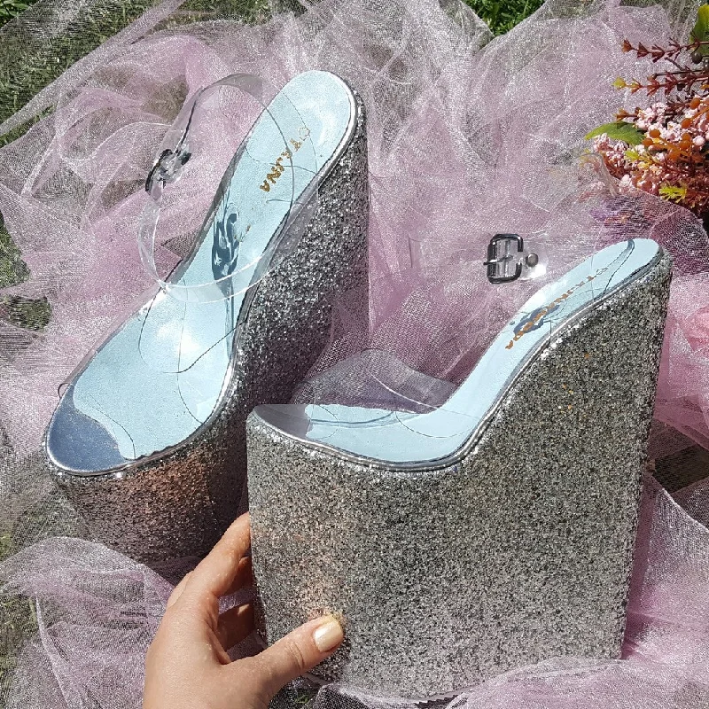 Transparent Strap Silver Platform Wedge Mules 21 cm