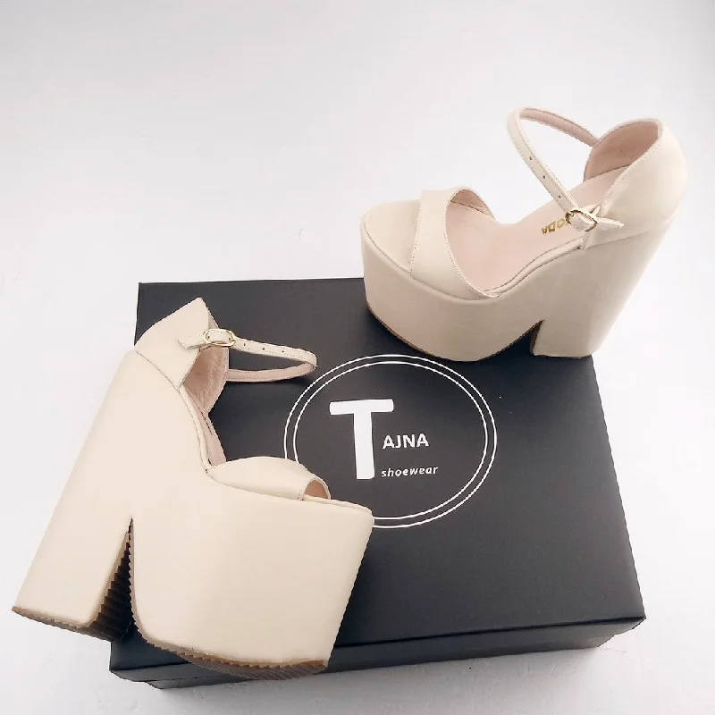 Cream Single Strap High Heel Wedges