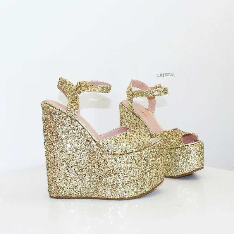 Gold Shiny Peep Toe Wedge Platform Shoes