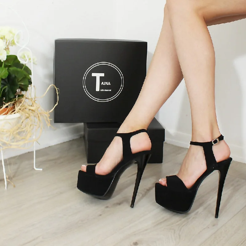 Single Strap Black Faux Suede High Heel Shoes